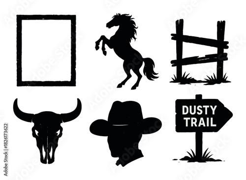 Western silhouettes: horse, bull skull, fence, sign, frame, cowboy hat