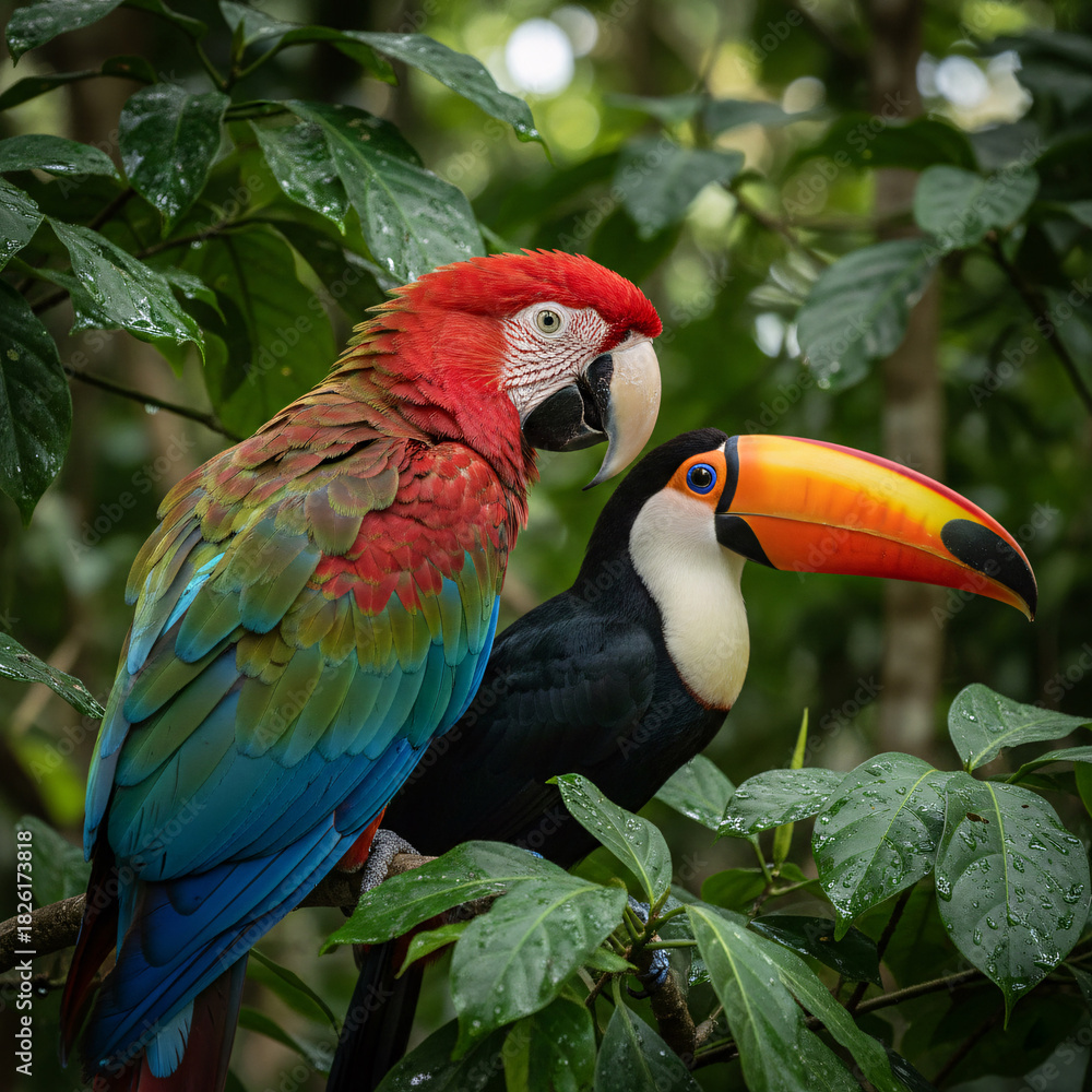 Naklejka premium Vibrant Red-and-green Macaw and Toco Toucan perched together on a tree branch in lush tropical rainforest. Exotic wild bird couple in green jungle nature background.