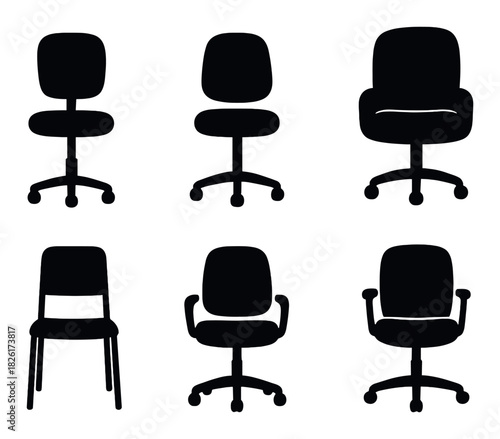 Silhouettes of various office and desk chairs on dark background