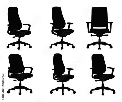 Silhouette of six ergonomic office chairs on dark background