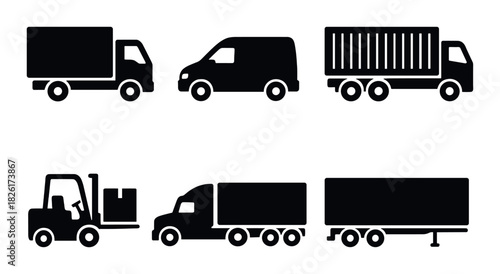 Silhouette of various cargo vehicles and forklift on black background