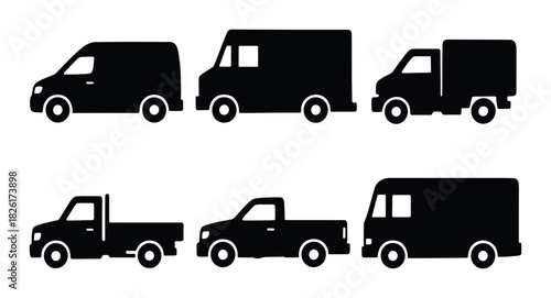 Silhouette collection of various delivery and utility vehicles on dark background