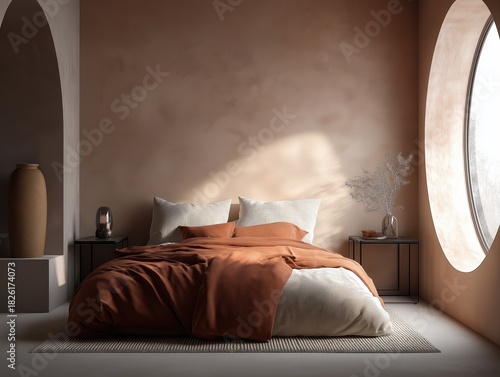 Minimalist bedroom with king bed, terracotta throw, Tadelakt wall, circular window morning light, black nightstands for interior design, home styling, wellness retreat, lifestyle branding, calm living