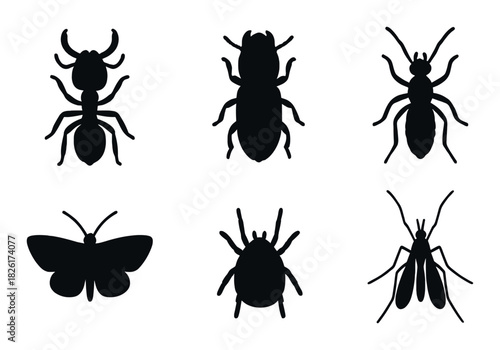 Silhouettes of insects and bugs: ant, termite, butterfly, tick, mosquito