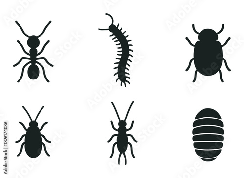 Collection of insect and bug silhouettes with ant, centipede, and beetles on dark background