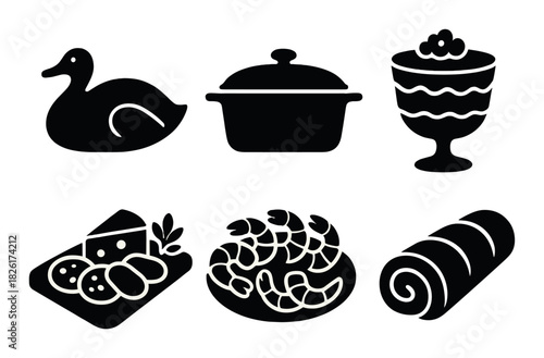 Silhouette icons of duck, cookware, dessert, cheese, shrimp, log cake