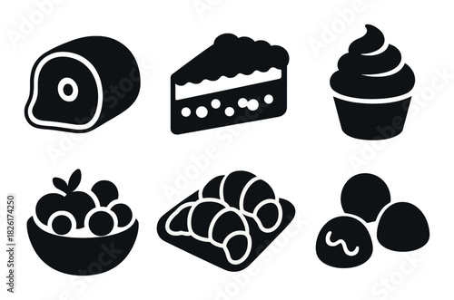 Black silhouette icons of various foods including pastry and fruits