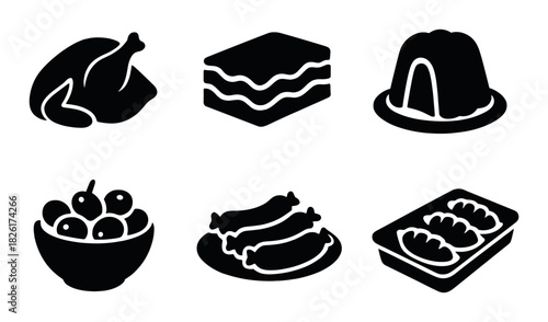 Silhouettes of various food items including chicken and fruits