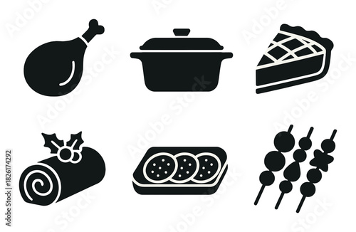 Silhouettes of food: drumstick, casserole, pie, yule log, crackers, skewers