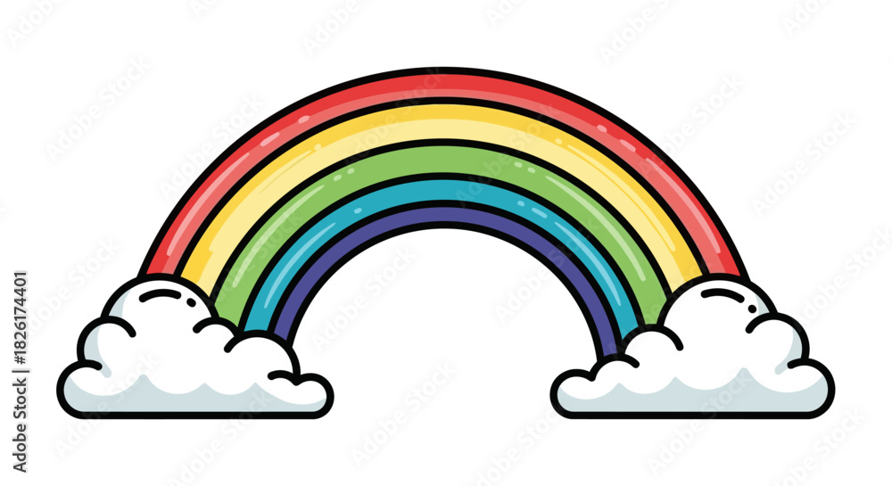 Naklejka premium Vibrant cartoon rainbow arching gracefully between two fluffy white clouds, a colorful symbol of hope, happiness, and diversity in a playful flat design vector illustration