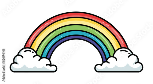 Vibrant cartoon rainbow arching gracefully between two fluffy white clouds, a colorful symbol of hope, happiness, and diversity in a playful flat design vector illustration