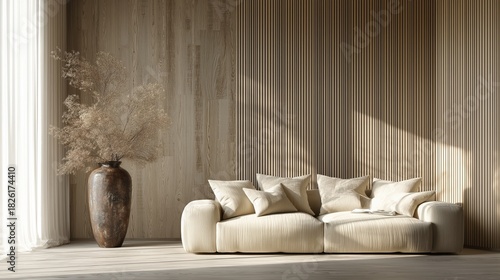 Japandi living room interior with linen sofa vertical wood wall ceramic vase and sheer curtains for home decor real estate staging and lifestyle branding

