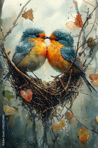 Charming watercolor painting of two robins perched lovingly in a cozy nest together