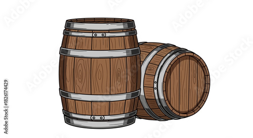 A classic illustration of two traditional wooden barrels with metal hoops, used for aging wine, beer, or whiskey, isolated on a white background