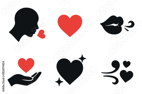 Silhouettes of love: hearts, kisses, and romantic symbols on dark background