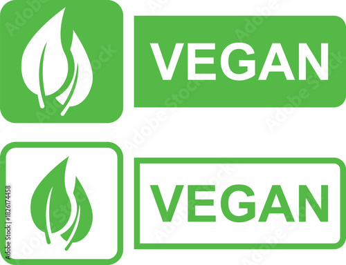 A set of two green vegan food labels with leaf icons, one solid and one outlined.