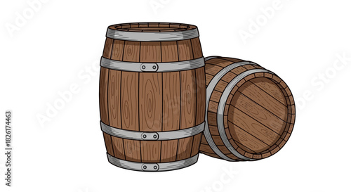 Two wooden barrels illustration, one upright and one horizontal, with wood grain and metal bands, for wine, beer, and spirits storage