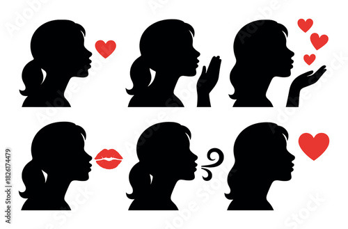 Silhouettes of diverse couples with floating red hearts in romantic glow