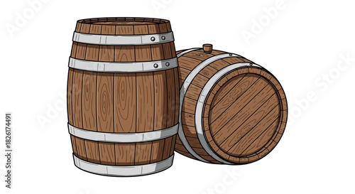 Vector illustration of two vintage wooden barrels or casks with steel hoops, used for aging wine and whiskey, isolated on a clean white background
