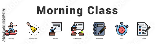 Morning Class Modern and clean web banner illustration featuring thematic icons for visual communication