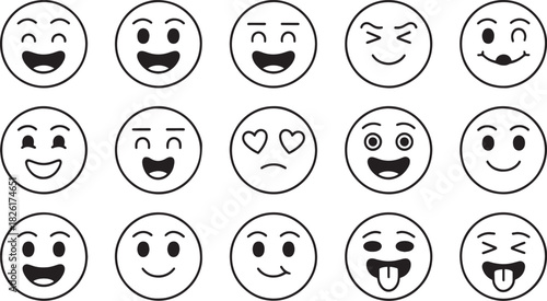 Set of fifteen black and white line art emoji faces with various expressions