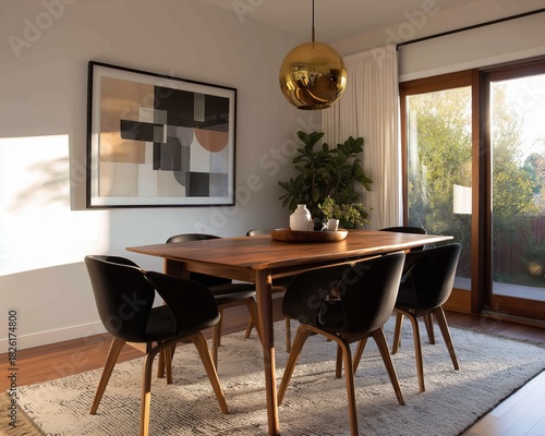 Mid-Century Modern dining room with walnut table, black sculptural chairs, brass pendant light, geometric wall art, golden hour glow for luxury interiors, editorial styling

