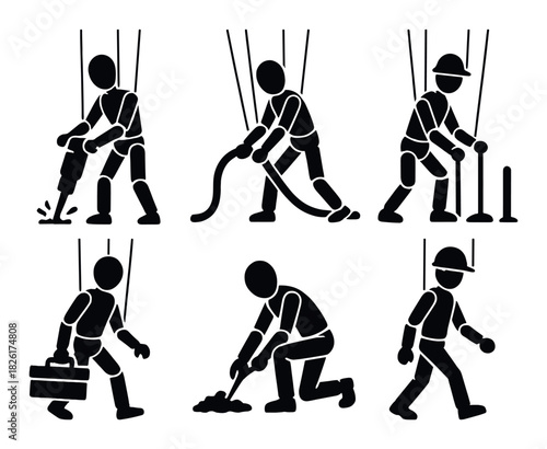 Silhouette puppets performing various construction tasks on dark background