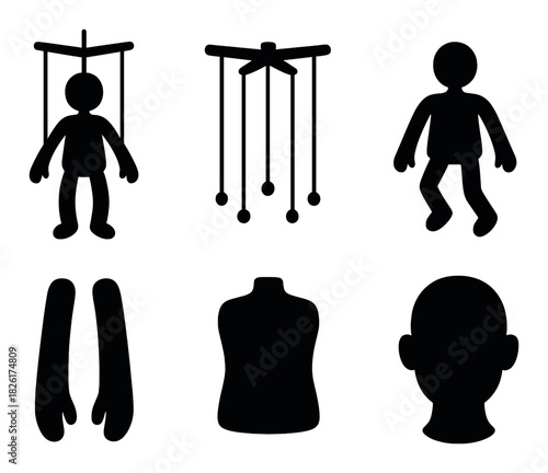 Silhouette collection of puppets and human body parts on brown background