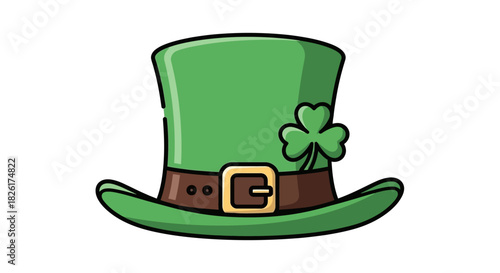 Vibrant Green Top Hat Adorned with a Lucky Shamrock Leaf - Festive Illustration Symbolizing Irish Heritage and Good Fortune for Celebrations and Holiday Designs