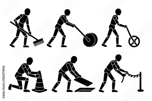 Silhouette figures performing various outdoor labor tasks