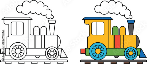 Cartoon Steam Train Engine Illustration, Outline and Colored Transport Graphic, Simple Kids Toy Locomotive Vector Clipart Coloring Design