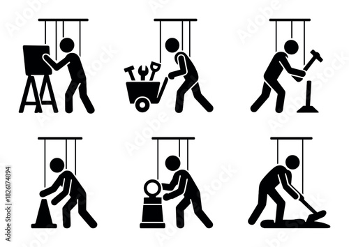 Silhouette figures engaged in various manual labor activities