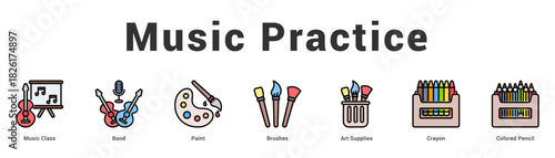 Music Practice Modern and clean web banner illustration featuring thematic icons for visual communication
