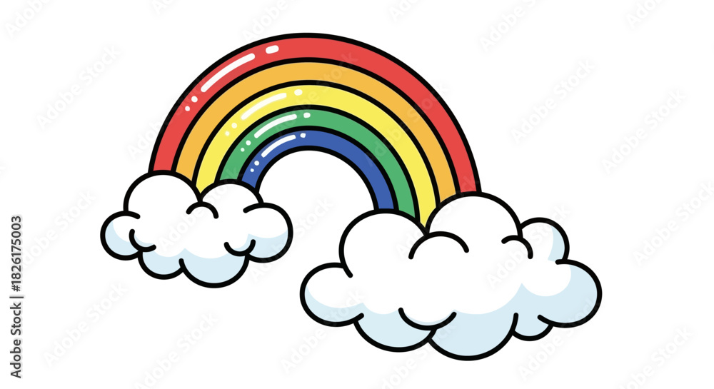 Fototapeta premium Charming cartoon rainbow illustration with a vivid spectrum of colors arching between two fluffy white clouds, symbolizing hope, happiness, and natural beauty