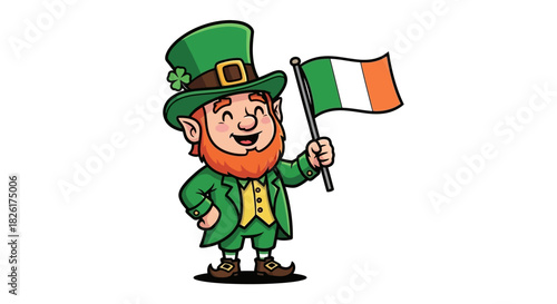 A cheerful cartoon leprechaun in a green suit and top hat, smiling happily while waving the national flag of Ireland to celebrate St. Patrick's Day