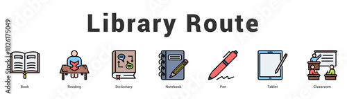 Library Route Modern and clean web banner illustration featuring thematic icons for visual communication