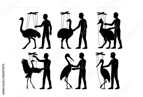 Silhouettes of people controlling bird puppets with varying species and actions