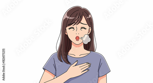 A young woman experiencing shortness of breath, possibly due to anxiety or a medical condition.