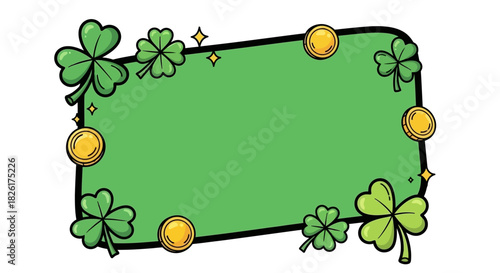 Cartoon illustration of a blank green frame for St. Patrick's Day, decorated with lucky clovers and golden coins for holiday greetings