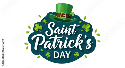 Festive lettering design celebrating an Irish holiday, featuring a green leprechaun hat adorned with shamrock clovers