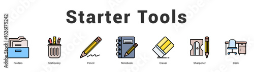 Starter Tools Modern and clean web banner illustration featuring thematic icons for visual communication