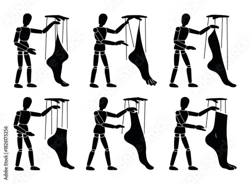 Silhouette puppets: wooden marionettes manipulating limbs in dramatic dance performance