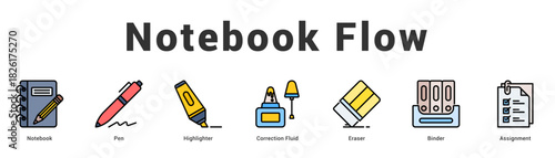 Notebook Flow Modern and clean web banner illustration featuring thematic icons for visual communication
