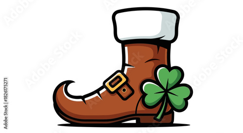 Charming illustration of a festive leprechaun boot adorned with a vibrant three-leaf shamrock, symbolizing luck and Irish culture, ideal for St. Patrick's Day and celebratory themes