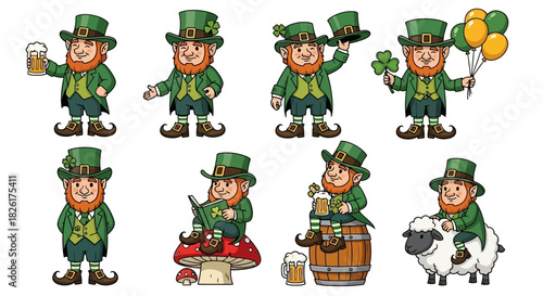 Collection of whimsical leprechaun illustrations celebrating Irish culture and folklore