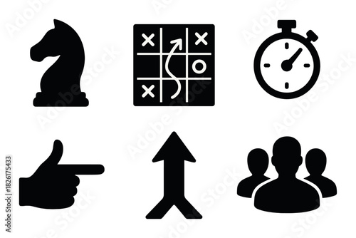 Strategic icons: chess, tic tac toe, stopwatch, gesture, arrow, group silhouettes