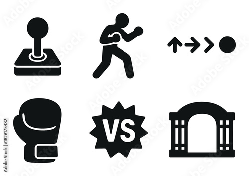Retro gaming icons: joystick, boxer, game controls, glove, versus, portal
