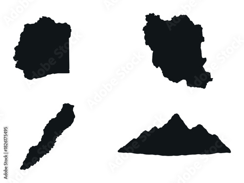 Silhouettes of countries and a mountain on black background