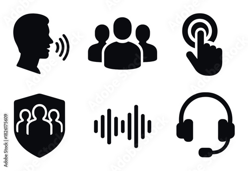 Communication icons: voice, group, touch, security, soundwave, headset