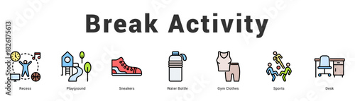 Break Activity Modern and clean web banner illustration featuring thematic icons for visual communication